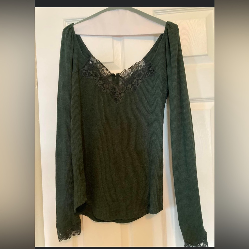 Free People Green Long Sleeve Lace Tee